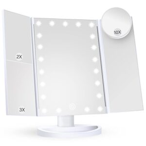 HUONUL Makeup Mirror Vanity Mirror with Lights, 2X, 3X, 10X Magnification, Touch Control, Trifold, White, 9.4"L x 13.4"W, Modern Style, Dresser Mount, Bathroom