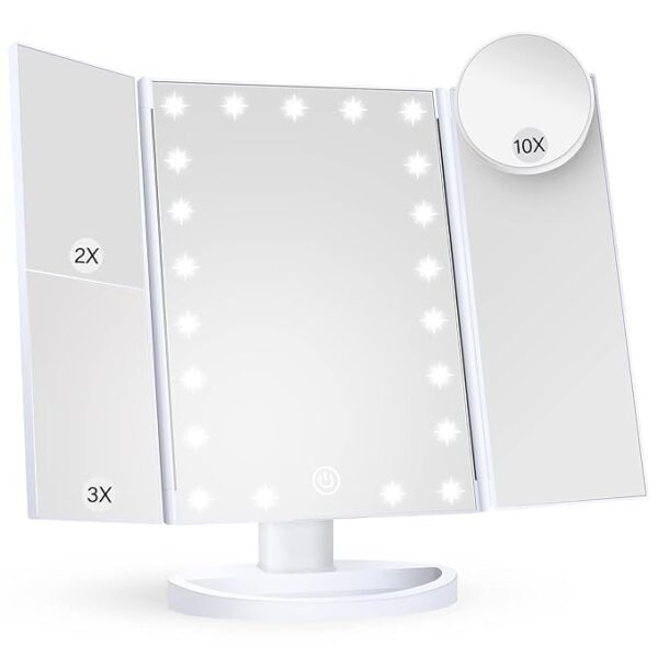 HUONUL Makeup Mirror Vanity Mirror with Lights, 2X, 3X, 10X Magnification, Touch Control, Trifold, White, 9.4"L x 13.4"W, Modern Style, Dresser Mount, Bathroom