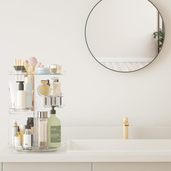 Rotating Makeup Organizer, DIY 8 Adjustable Layers Spinning Skincare Organizer, Cosmetic Display Case with Brush Holder Perfume Tray, Multi-Function Storage Carousel for Vanity Bathroom Countertop - Image 6