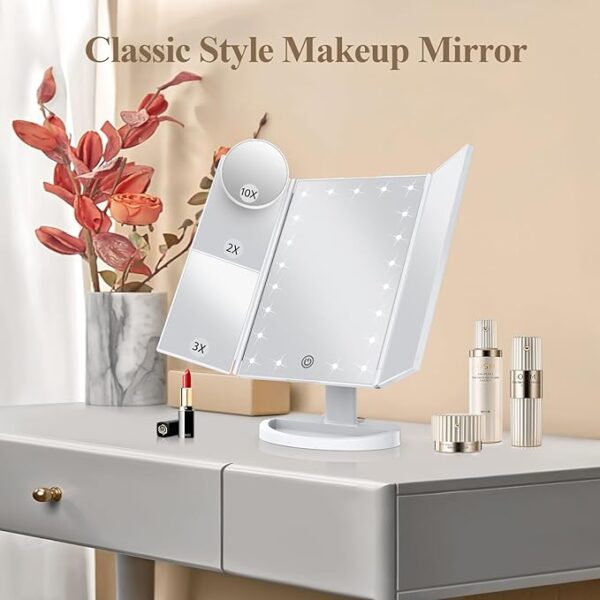 HUONUL Makeup Mirror Vanity Mirror with Lights, 2X, 3X, 10X Magnification, Touch Control, Trifold, White, 9.4"L x 13.4"W, Modern Style, Dresser Mount, Bathroom - Image 4