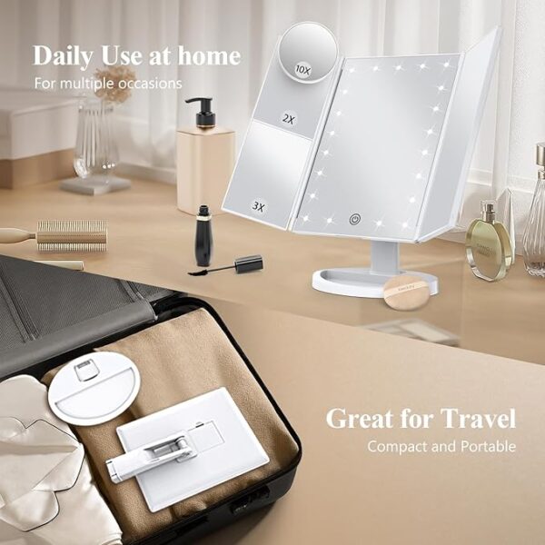 HUONUL Makeup Mirror Vanity Mirror with Lights, 2X, 3X, 10X Magnification, Touch Control, Trifold, White, 9.4"L x 13.4"W, Modern Style, Dresser Mount, Bathroom - Image 2