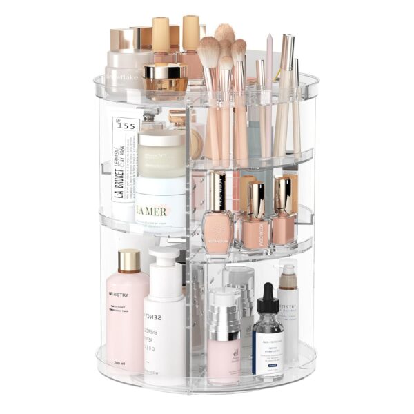 Rotating Makeup Organizer, DIY 8 Adjustable Layers Spinning Skincare Organizer, Cosmetic Display Case with Brush Holder Perfume Tray, Multi-Function Storage Carousel for Vanity Bathroom Countertop - Image 4