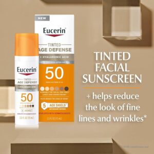 Eucerin Sun Tinted Age Defense SPF 50 Face Sunscreen Lotion with Hyaluronic Acid, Hypoallergenic, Non-Comedogenic Tinted Sunscreen SPF 50 Free of Fragrance, Oxybenzone and Octinoxate, 2.5 Fl Oz Bottle
