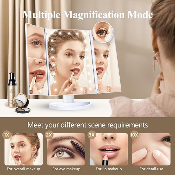 HUONUL Makeup Mirror Vanity Mirror with Lights, 2X, 3X, 10X Magnification, Touch Control, Trifold, White, 9.4"L x 13.4"W, Modern Style, Dresser Mount, Bathroom - Image 6