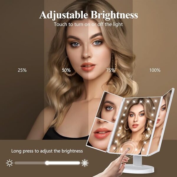 HUONUL Makeup Mirror Vanity Mirror with Lights, 2X, 3X, 10X Magnification, Touch Control, Trifold, White, 9.4"L x 13.4"W, Modern Style, Dresser Mount, Bathroom - Image 3