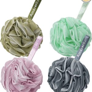 AmazerBath Loofah Sponge 60g/Piece, Exfoliating Bath Sponge Body Scrubber, Loofa Set of 4 - White Grey-Pink-Army Green-Green