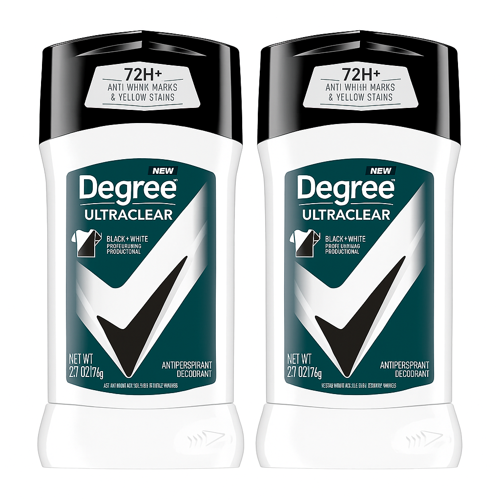 Two Degree UltraClear Black + White antiperspirant deodorant sticks, 2.7 oz each, with black caps and white bases, labeled “72H+ Anti White Marks & Yellow Stains,” displayed side by side on a white background.
