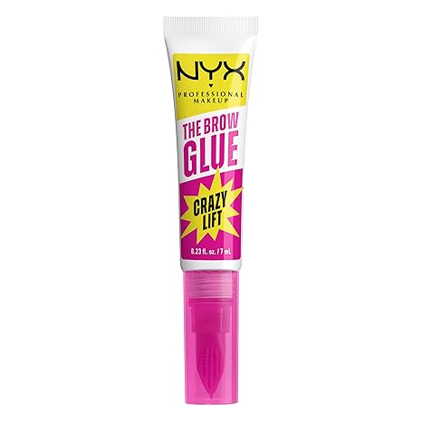 "NYX Brow Glue Crazy Lift Gel with built-in styling comb" "Before and after using NYX Brow Glue for brow lamination" "NYX Brow Lamination Gel applied on natural brows" "Close-up of NYX Crazy Lift gel texture and applicator"