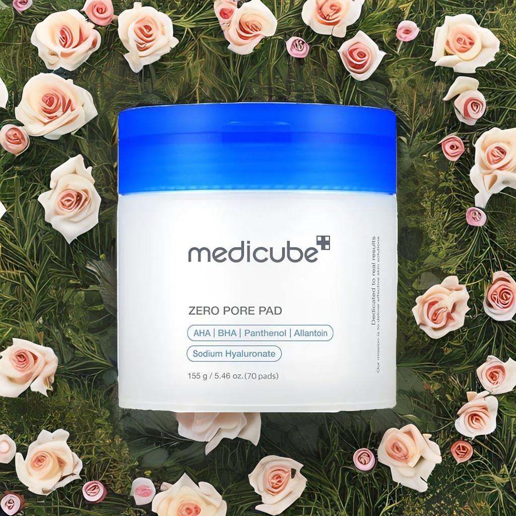 Close-up of Medicube Zero Pore Pads 2.0 – dual-textured exfoliating and pore care pads with blue lid, designed for smoother, clearer skin using AHA and BHA Korean skincare formula.