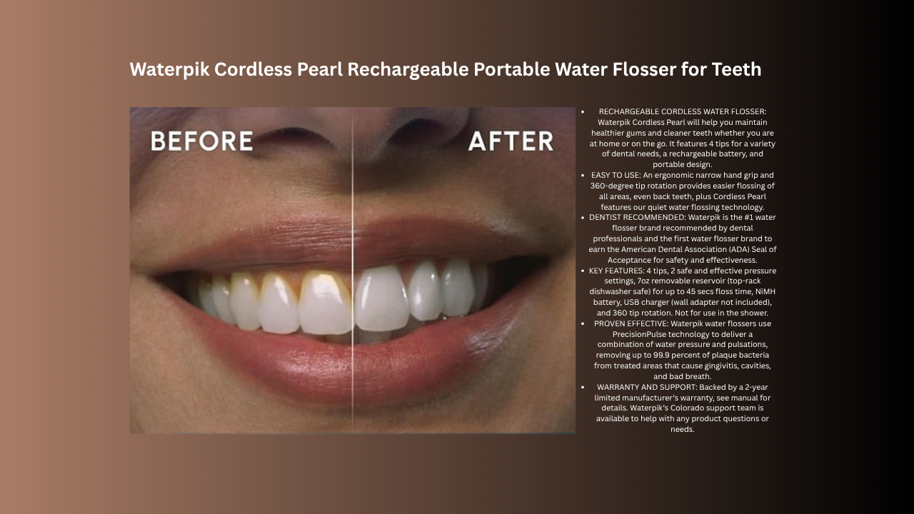 Waterpik Cordless Pearl Water Flosser in white with packaging showing PrecisionPulse technology.