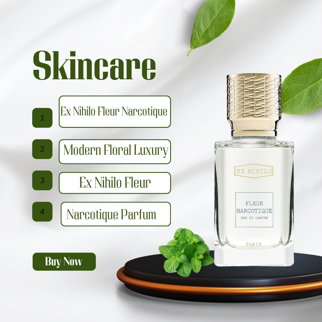 Bottle of Ex Nihilo Fleur Narcotique Parfum on a marble background, surrounded by soft peach blossoms, symbolizing the perfume’s fresh floral and fruity notes.