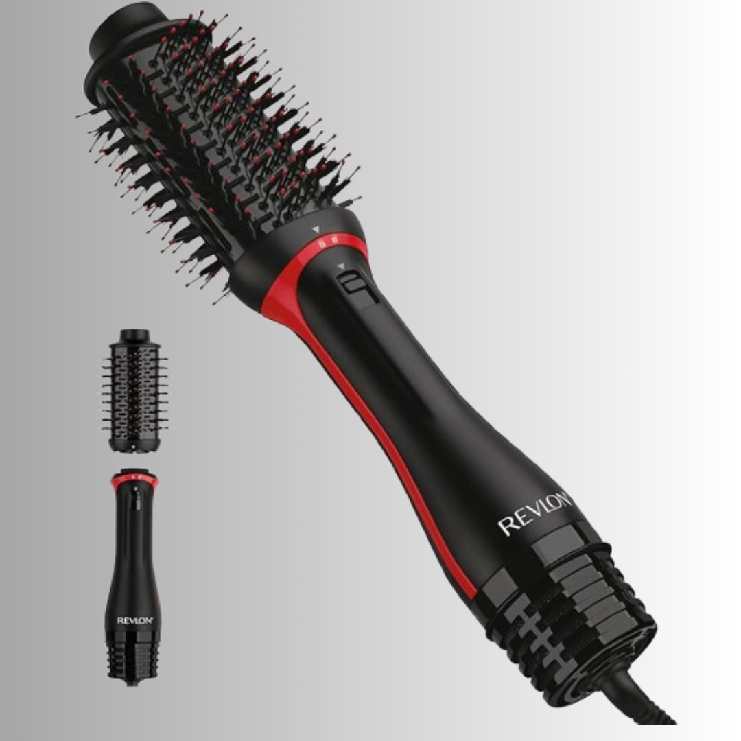 Black REVLON One Step Volumizer PLUS Hair Dryer and Styler creating voluminous blowout on brunette hair — lightweight and travel-friendly with 500K+ reviews.