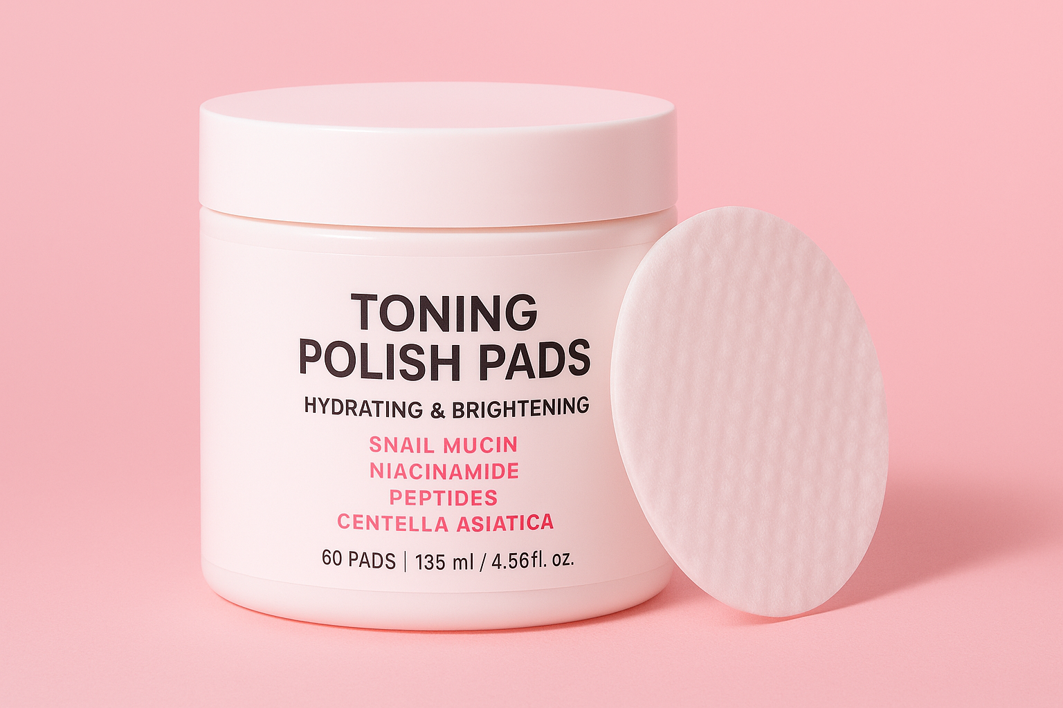 Close-up of Toning Polish Pads jar with a textured pad on a soft pink background, highlighting hydrating and brightening skincare benefits with Niacinamide, Snail Mucin, Peptides, and Centella Asiatica.