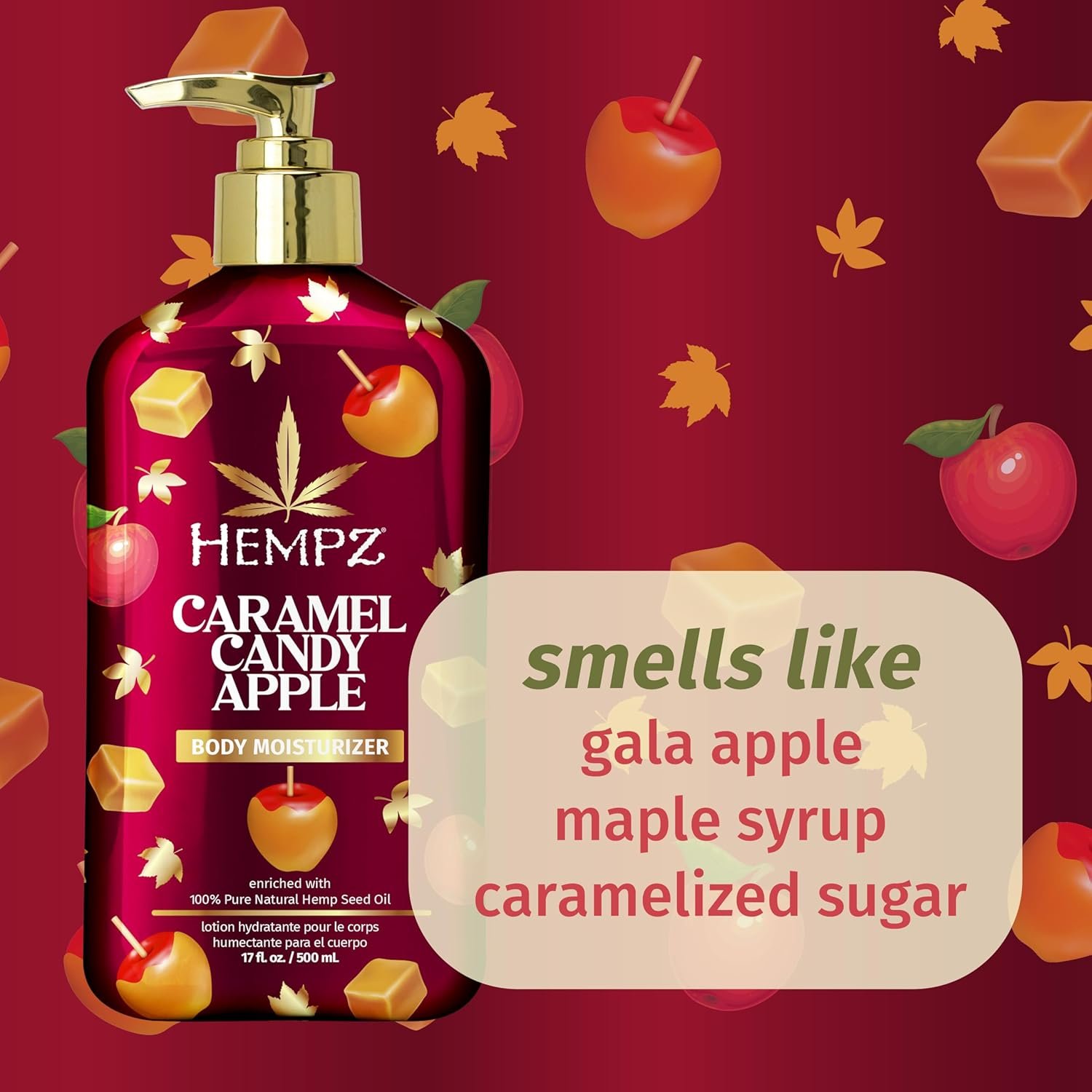 Hempz Caramel Candy Apple Body Moisturizer bottle with golden pump surrounded by caramel cubes, apples, and maple leaves, featuring text that says “smells like gala apple, maple syrup, caramelized sugar.”